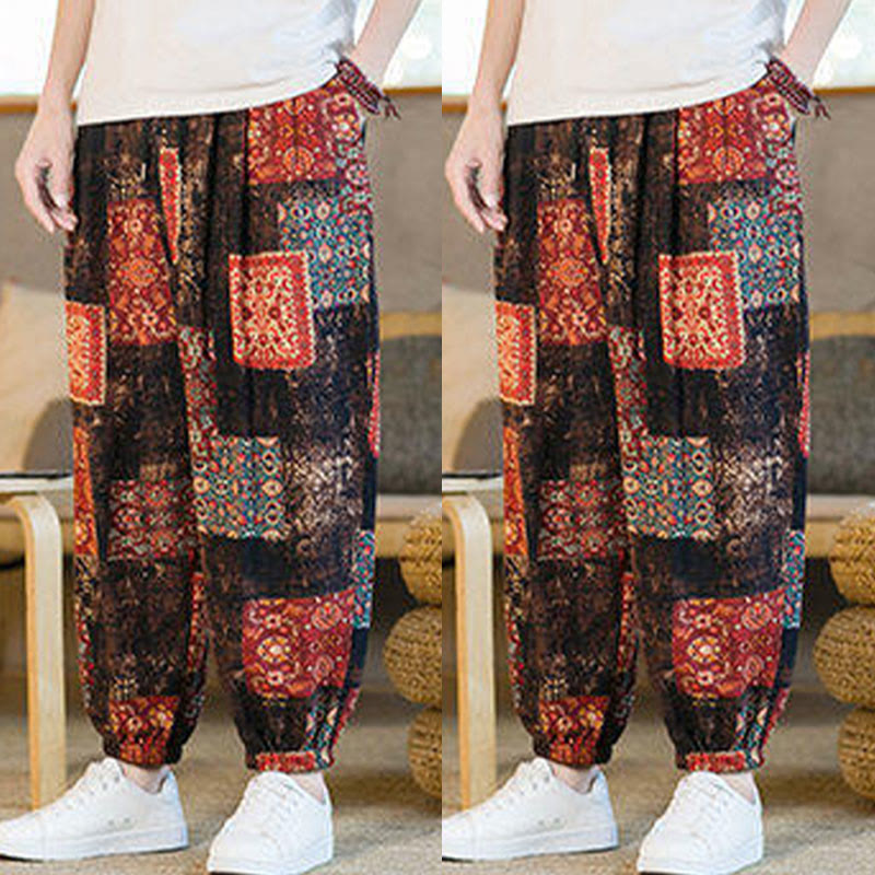 Buddha Stones Summer Square Patchwork Cotton Linen Men's Ankle-Length Harem Pants With Pockets - image 9