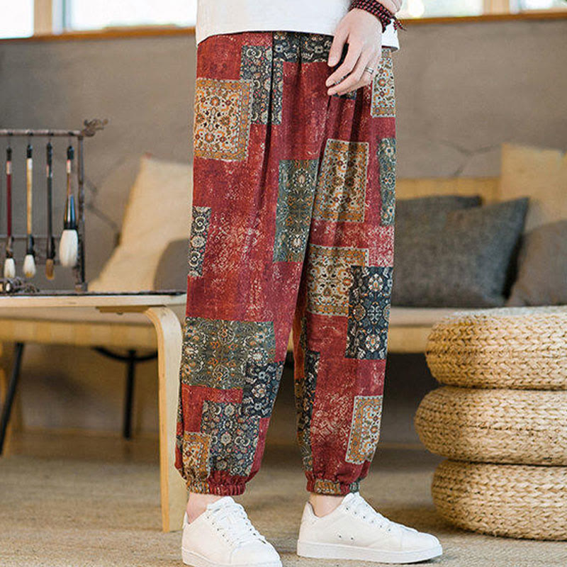Buddha Stones Summer Square Patchwork Cotton Linen Men's Ankle-Length Harem Pants With Pockets - image 13