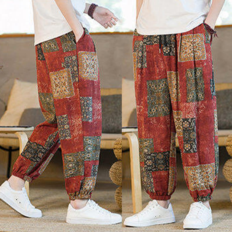 Buddha Stones Summer Square Patchwork Cotton Linen Men's Ankle-Length Harem Pants With Pockets - image 18