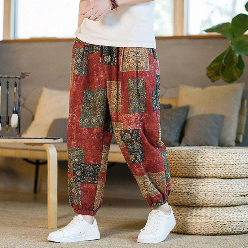 Buddha Stones Summer Square Patchwork Cotton Linen Men's Ankle-Length Harem Pants With Pockets - image 12