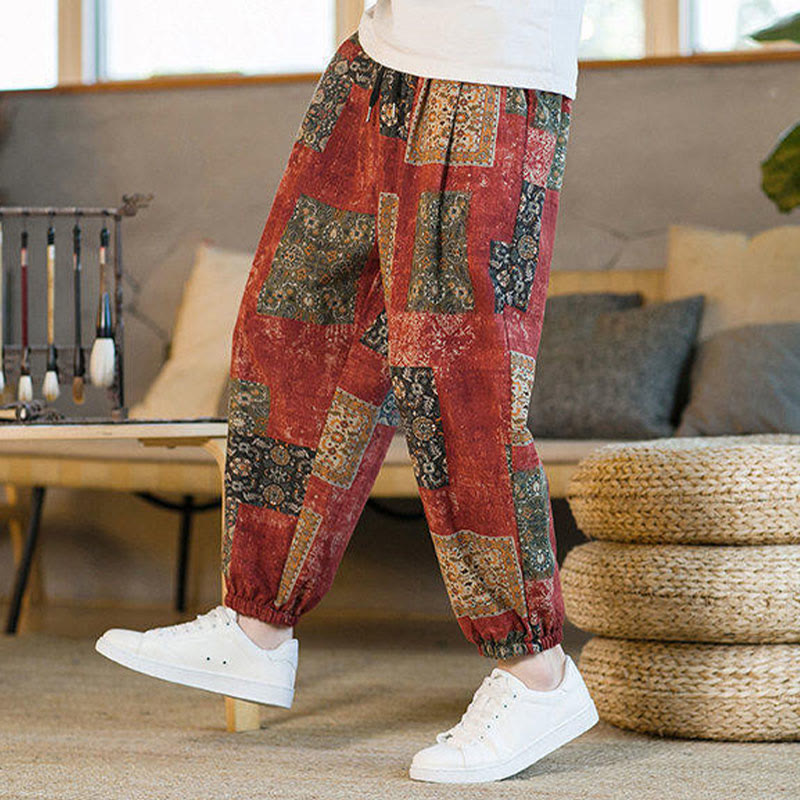 Buddha Stones Summer Square Patchwork Cotton Linen Men's Ankle-Length Harem Pants With Pockets - image 16