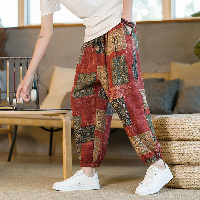 Buddha Stones Summer Square Patchwork Cotton Linen Men's Ankle-Length Harem Pants With Pockets - image 15