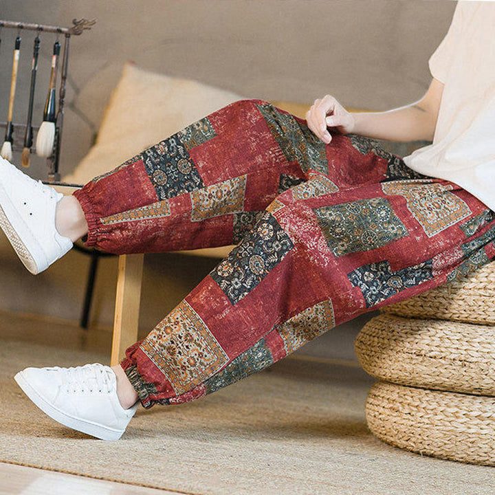 Buddha Stones Summer Square Patchwork Cotton Linen Men's Ankle-Length Harem Pants With Pockets - image 16