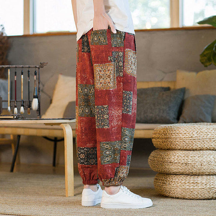 Buddha Stones Summer Square Patchwork Cotton Linen Men's Ankle-Length Harem Pants With Pockets - image 14