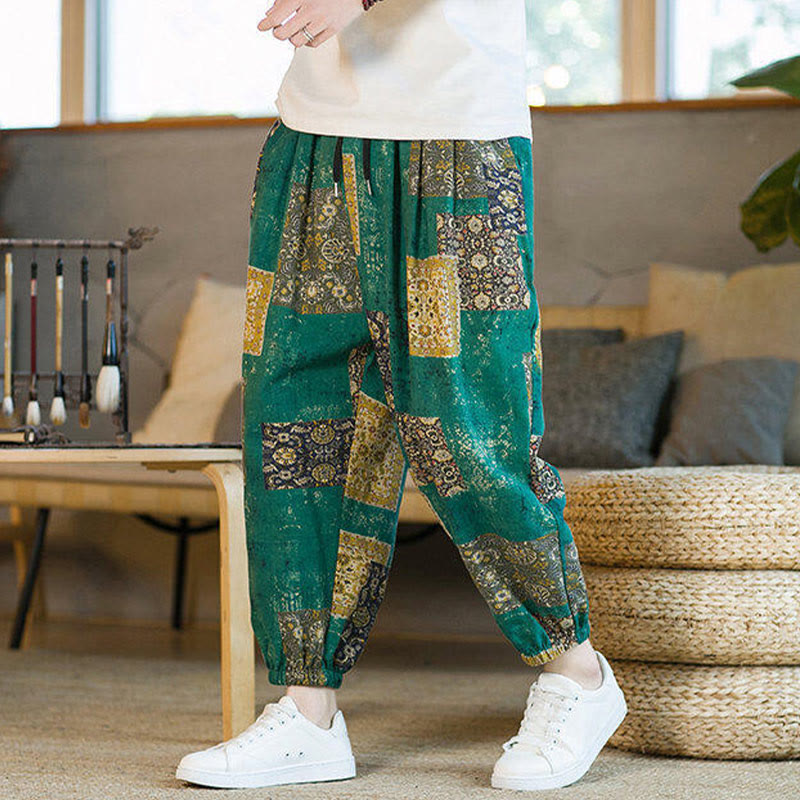 Buddha Stones Summer Square Patchwork Cotton Linen Men's Ankle-Length Harem Pants With Pockets - image 21
