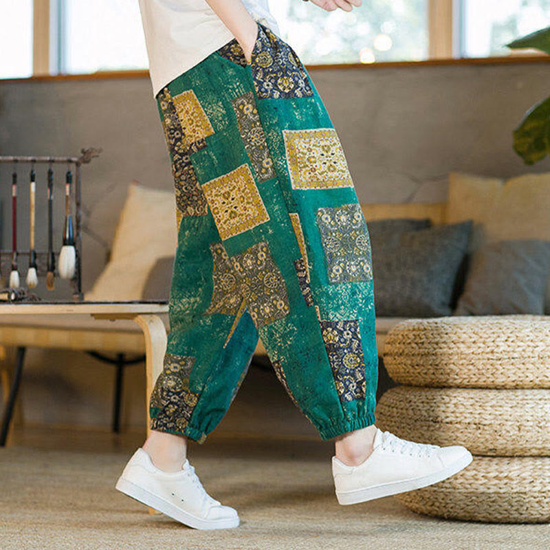 Buddha Stones Summer Square Patchwork Cotton Linen Men's Ankle-Length Harem Pants With Pockets - image 25