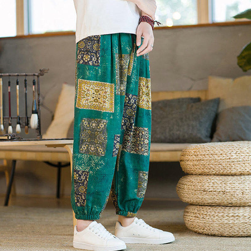 Buddha Stones Summer Square Patchwork Cotton Linen Men's Ankle-Length Harem Pants With Pockets - image 24