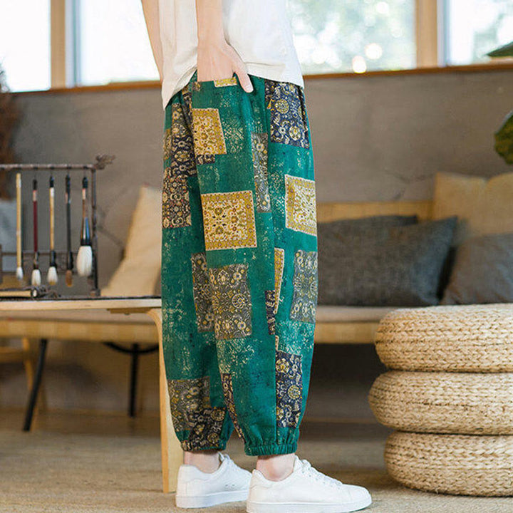 Buddha Stones Summer Square Patchwork Cotton Linen Men's Ankle-Length Harem Pants With Pockets - image 21