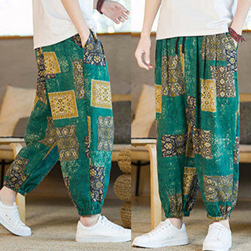 Buddha Stones Summer Square Patchwork Cotton Linen Men's Ankle-Length Harem Pants With Pockets - image 31