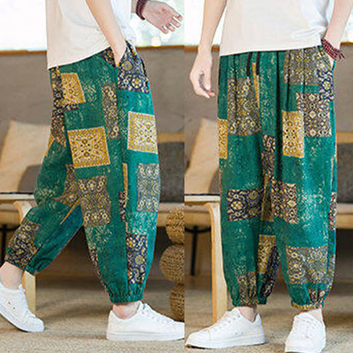 Buddha Stones Summer Square Patchwork Cotton Linen Men's Ankle-Length Harem Pants With Pockets - image 31