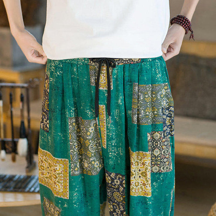 Buddha Stones Summer Square Patchwork Cotton Linen Men's Ankle-Length Harem Pants With Pockets - image 27