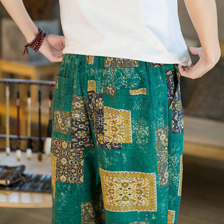 Buddha Stones Summer Square Patchwork Cotton Linen Men's Ankle-Length Harem Pants With Pockets - image 26