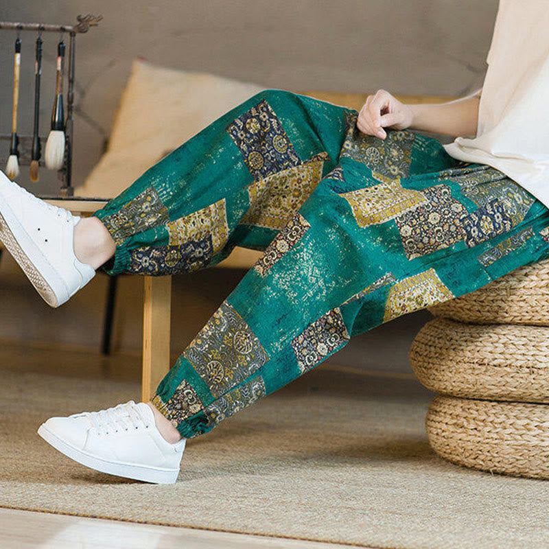 Buddha Stones Summer Square Patchwork Cotton Linen Men's Ankle-Length Harem Pants With Pockets - image 30
