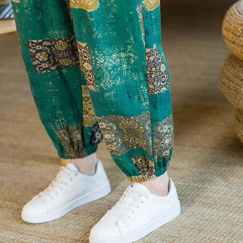 Buddha Stones Summer Square Patchwork Cotton Linen Men's Ankle-Length Harem Pants With Pockets - image 29