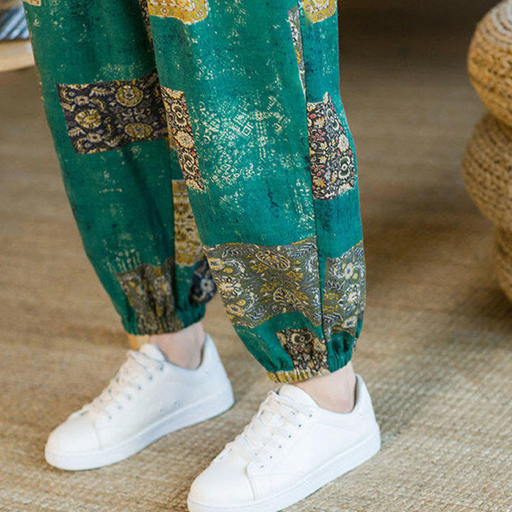 Buddha Stones Summer Square Patchwork Cotton Linen Men's Ankle-Length Harem Pants With Pockets - image 29