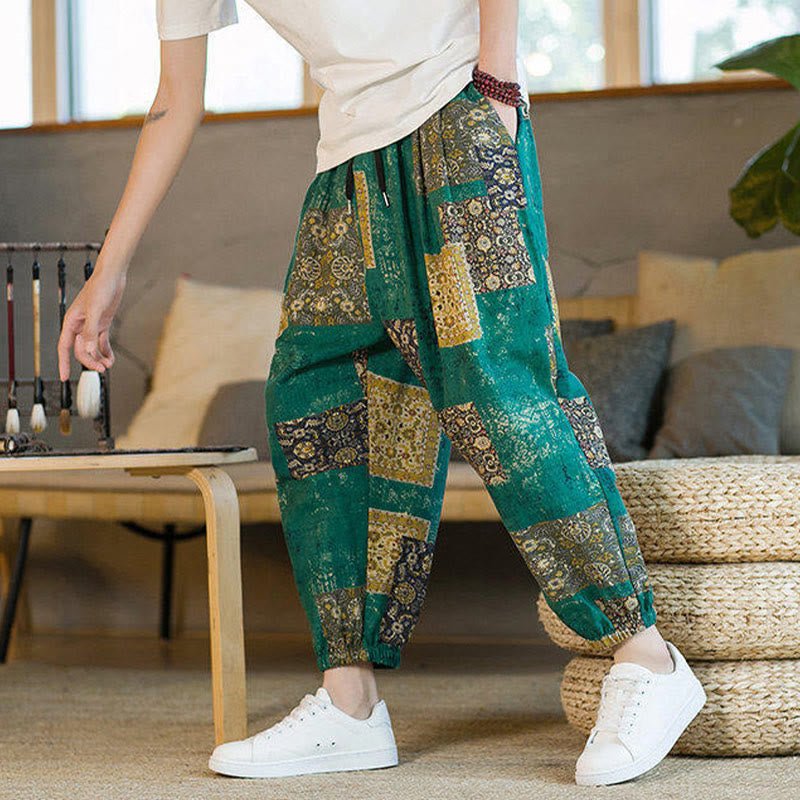 Buddha Stones Summer Square Patchwork Cotton Linen Men's Ankle-Length Harem Pants With Pockets - image 22