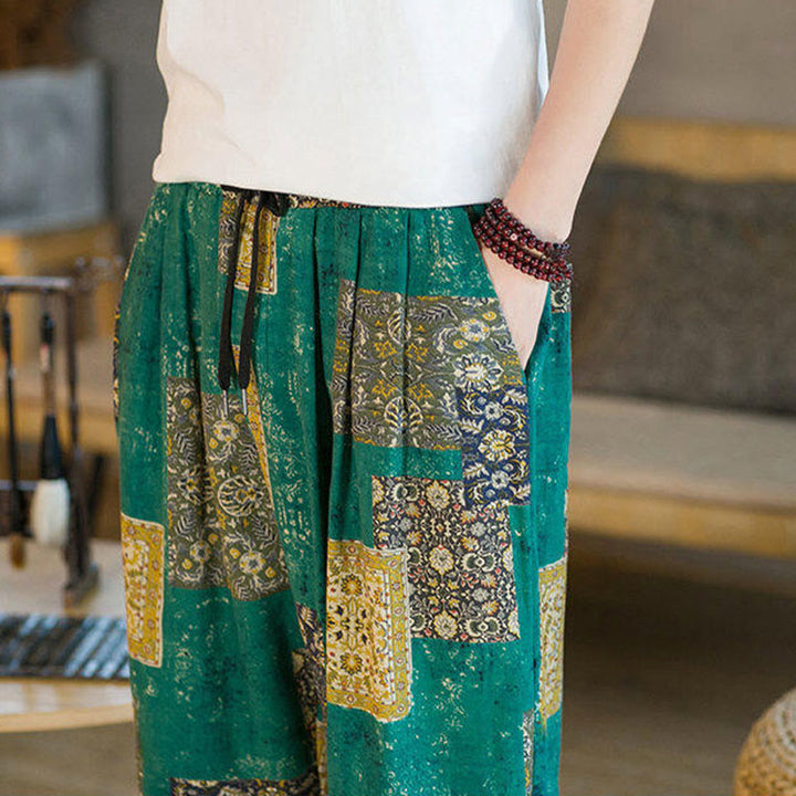 Buddha Stones Summer Square Patchwork Cotton Linen Men's Ankle-Length Harem Pants With Pockets - image 28