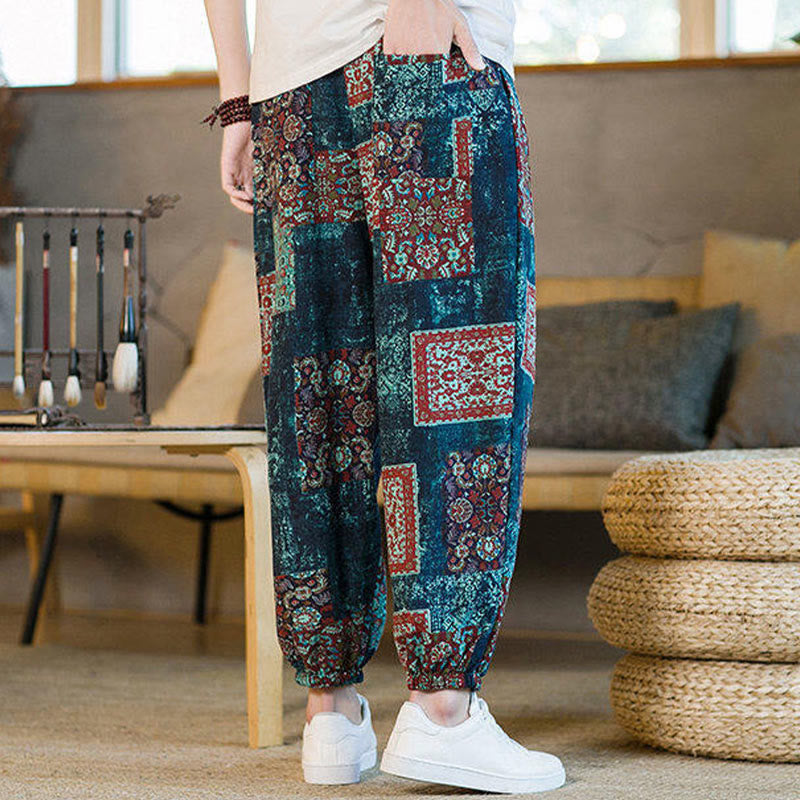 Buddha Stones Summer Square Patchwork Cotton Linen Men's Ankle-Length Harem Pants With Pockets - image 36