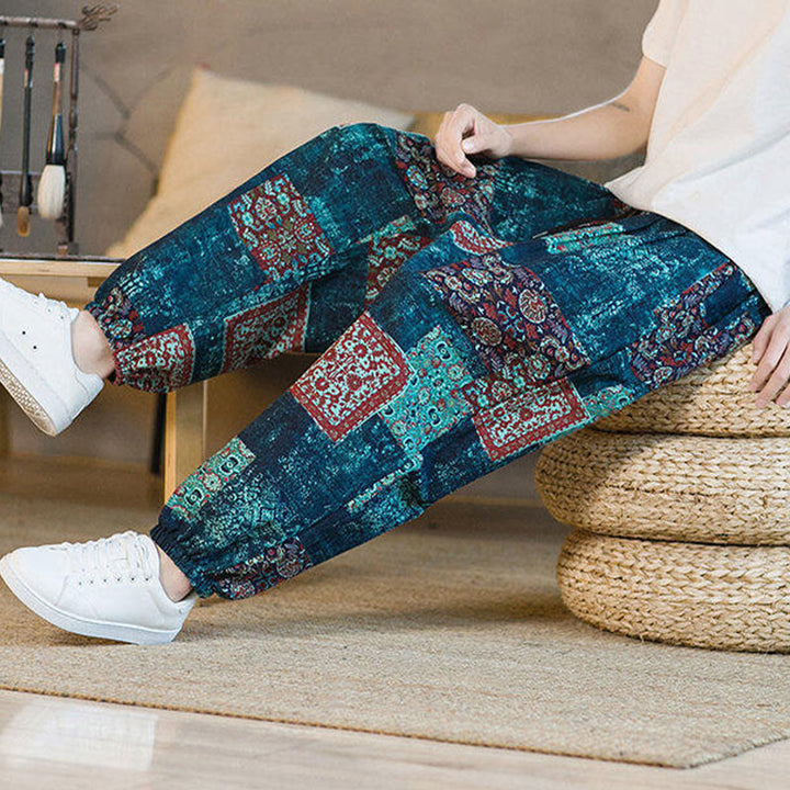 Buddha Stones Summer Square Patchwork Cotton Linen Men's Ankle-Length Harem Pants With Pockets - image 40
