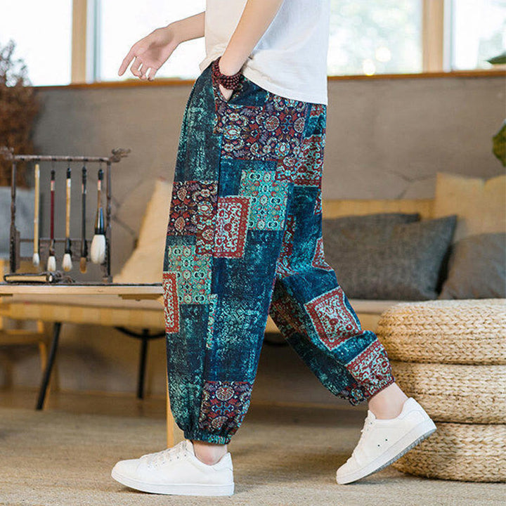 Buddha Stones Summer Square Patchwork Cotton Linen Men's Ankle-Length Harem Pants With Pockets - image 34