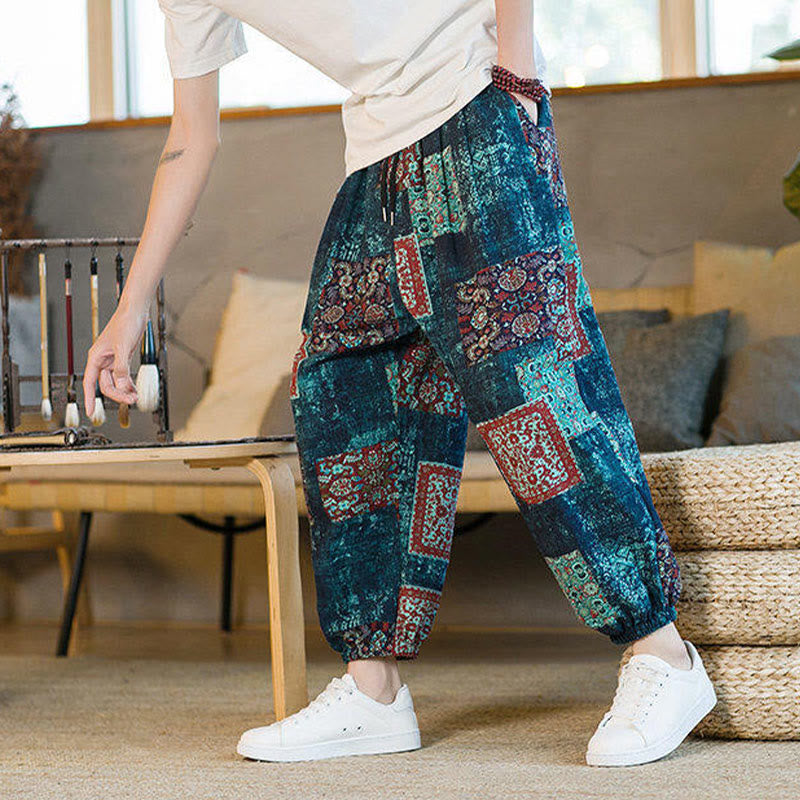 Buddha Stones Summer Square Patchwork Cotton Linen Men's Ankle-Length Harem Pants With Pockets - image 37
