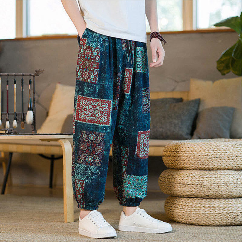 Buddha Stones Summer Square Patchwork Cotton Linen Men's Ankle-Length Harem Pants With Pockets - image 38