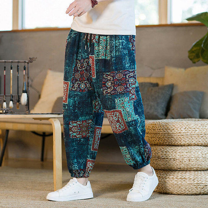 Buddha Stones Summer Square Patchwork Cotton Linen Men's Ankle-Length Harem Pants With Pockets - image 34