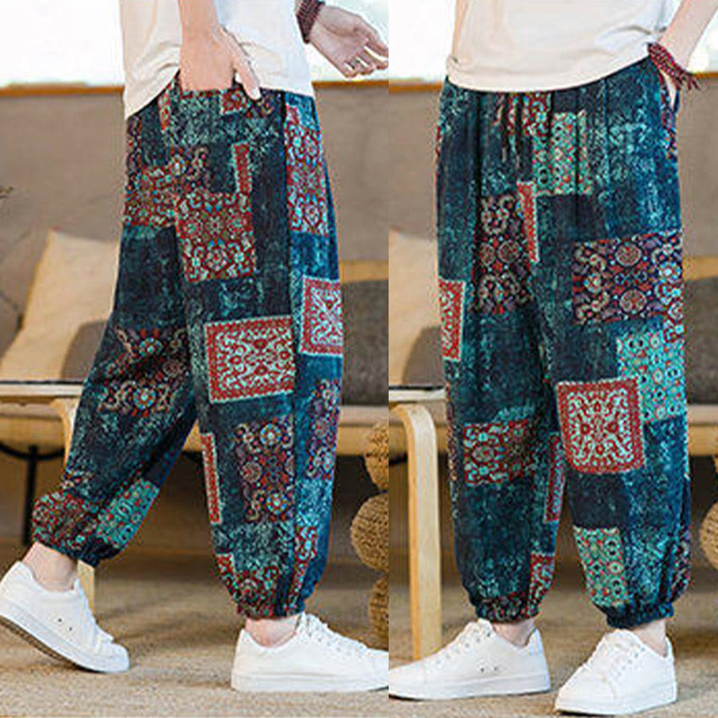 Buddha Stones Summer Square Patchwork Cotton Linen Men's Ankle-Length Harem Pants With Pockets - image 39