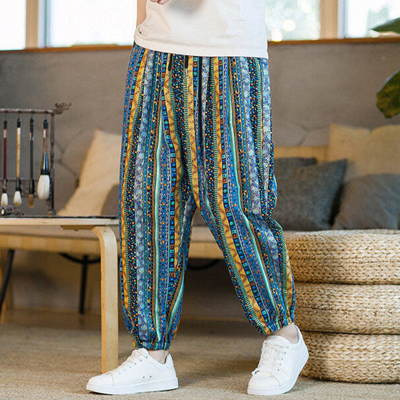 Buddha Stones Colorful Stripes Cotton Linen Men's Ankle-Length Harem Pants With Pockets - image 6