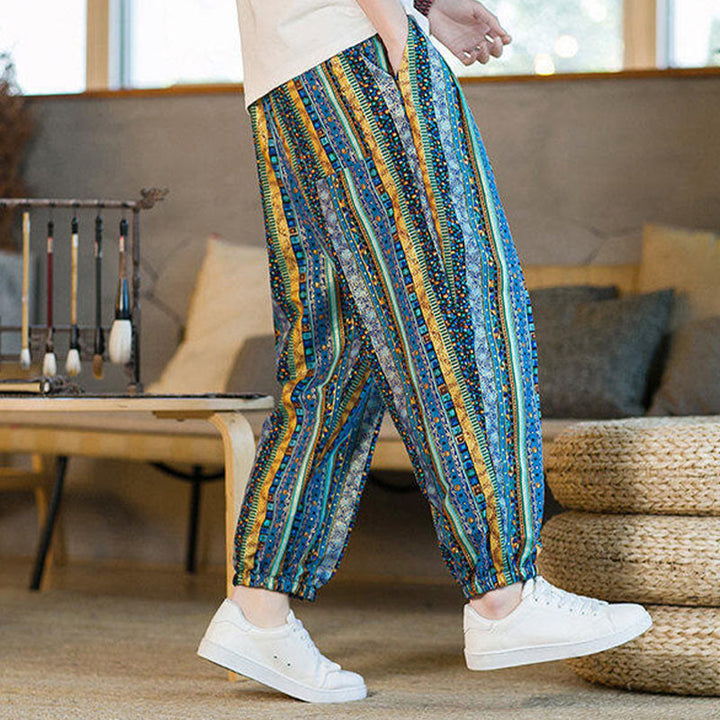 Buddha Stones Colorful Stripes Cotton Linen Men's Ankle-Length Harem Pants With Pockets - image 8
