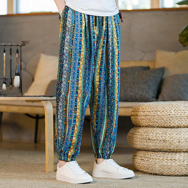 Buddha Stones Colorful Stripes Cotton Linen Men's Ankle-Length Harem Pants With Pockets - image 3