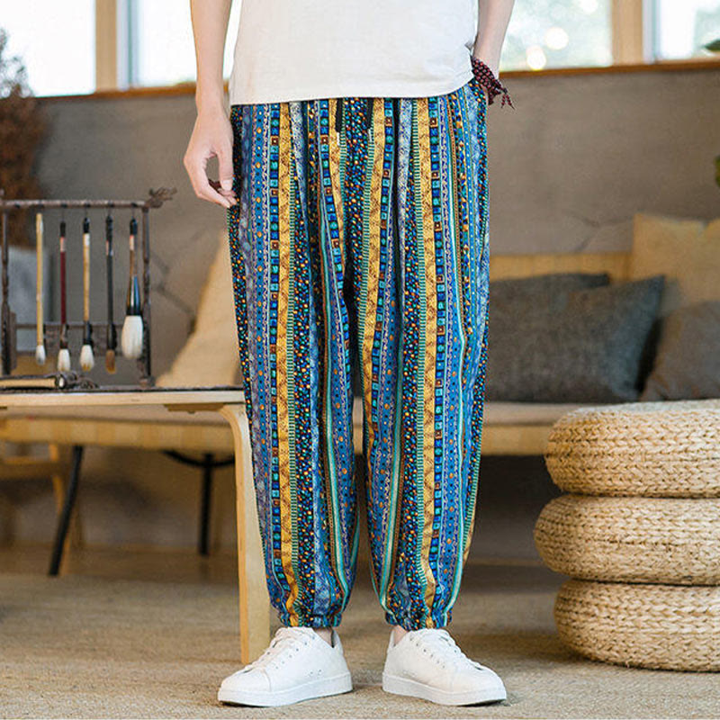 Buddha Stones Colorful Stripes Cotton Linen Men's Ankle-Length Harem Pants With Pockets - image 4