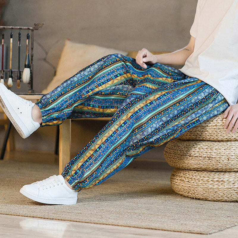 Buddha Stones Colorful Stripes Cotton Linen Men's Ankle-Length Harem Pants With Pockets - image 9