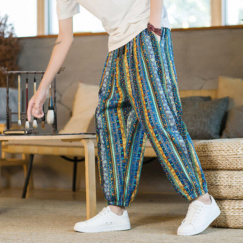 Buddha Stones Colorful Stripes Cotton Linen Men's Ankle-Length Harem Pants With Pockets - image 7