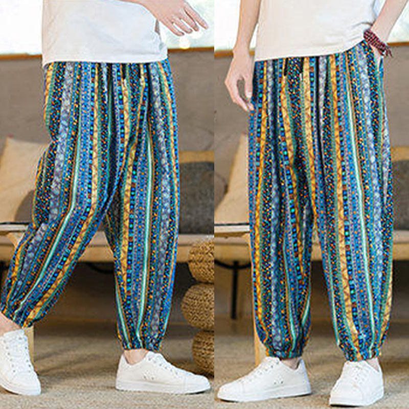 Buddha Stones Colorful Stripes Cotton Linen Men's Ankle-Length Harem Pants With Pockets - image 10