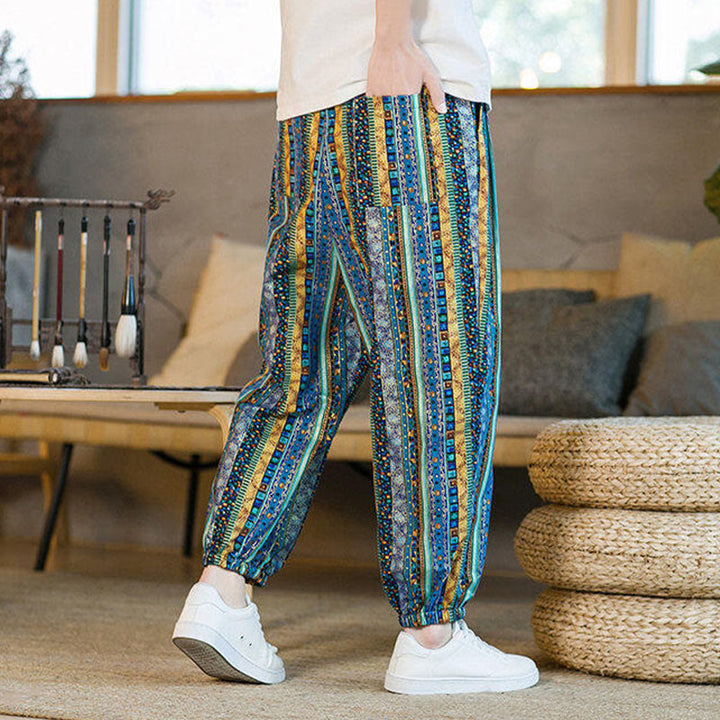 Buddha Stones Colorful Stripes Cotton Linen Men's Ankle-Length Harem Pants With Pockets - image 4
