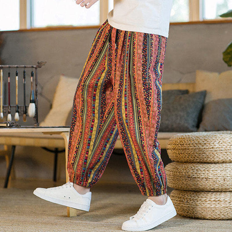 Buddha Stones Colorful Stripes Cotton Linen Men's Ankle-Length Harem Pants With Pockets - image 16