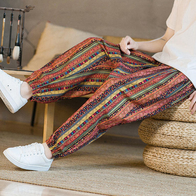 Buddha Stones Colorful Stripes Cotton Linen Men's Ankle-Length Harem Pants With Pockets - image 17