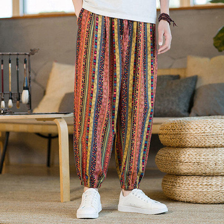 Buddha Stones Colorful Stripes Cotton Linen Men's Ankle-Length Harem Pants With Pockets - image 19