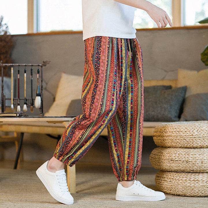Buddha Stones Colorful Stripes Cotton Linen Men's Ankle-Length Harem Pants With Pockets - image 15