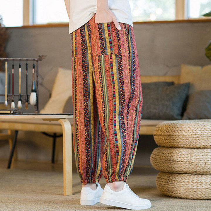 Buddha Stones Colorful Stripes Cotton Linen Men's Ankle-Length Harem Pants With Pockets - image 14