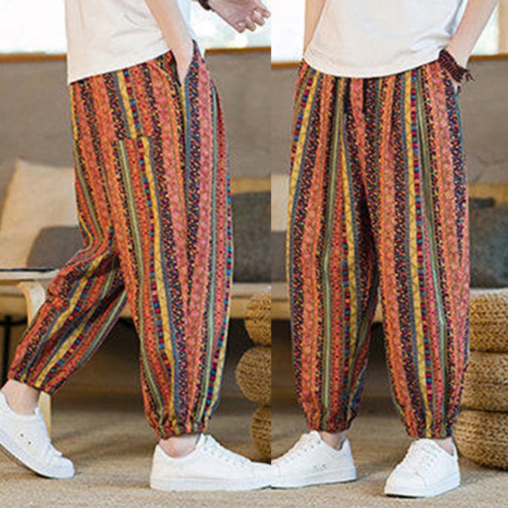 Buddha Stones Colorful Stripes Cotton Linen Men's Ankle-Length Harem Pants With Pockets - image 18
