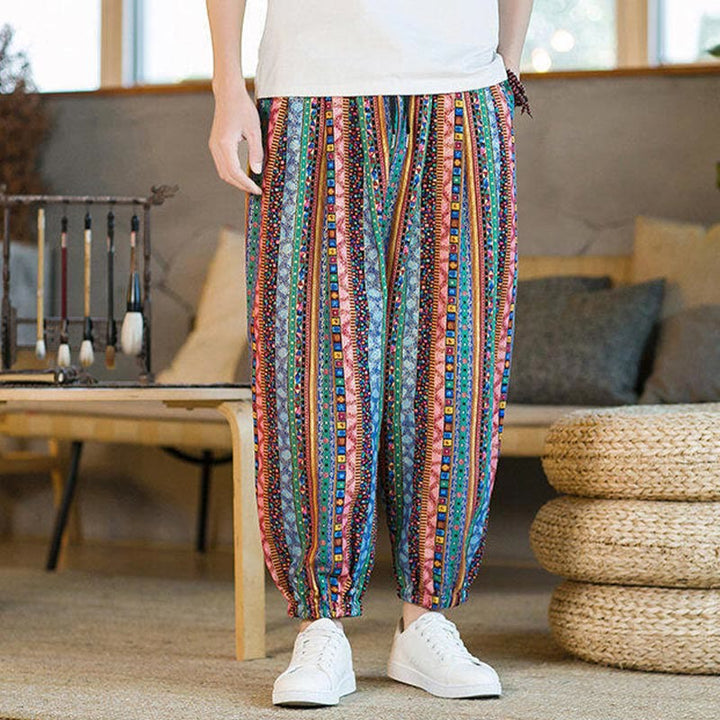 Buddha Stones Colorful Stripes Cotton Linen Men's Ankle-Length Harem Pants With Pockets - image 22
