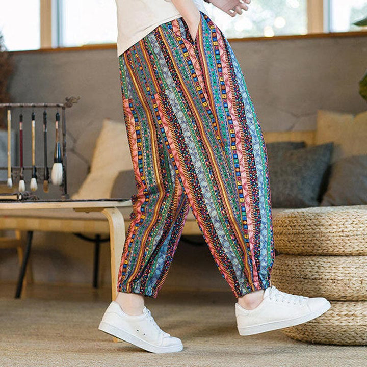 Buddha Stones Colorful Stripes Cotton Linen Men's Ankle-Length Harem Pants With Pockets - image 26