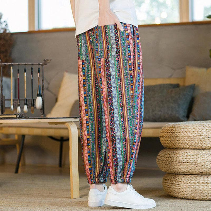 Buddha Stones Colorful Stripes Cotton Linen Men's Ankle-Length Harem Pants With Pockets - image 23