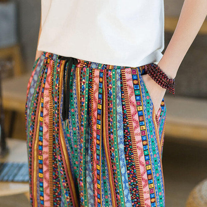 Buddha Stones Colorful Stripes Cotton Linen Men's Ankle-Length Harem Pants With Pockets - image 28