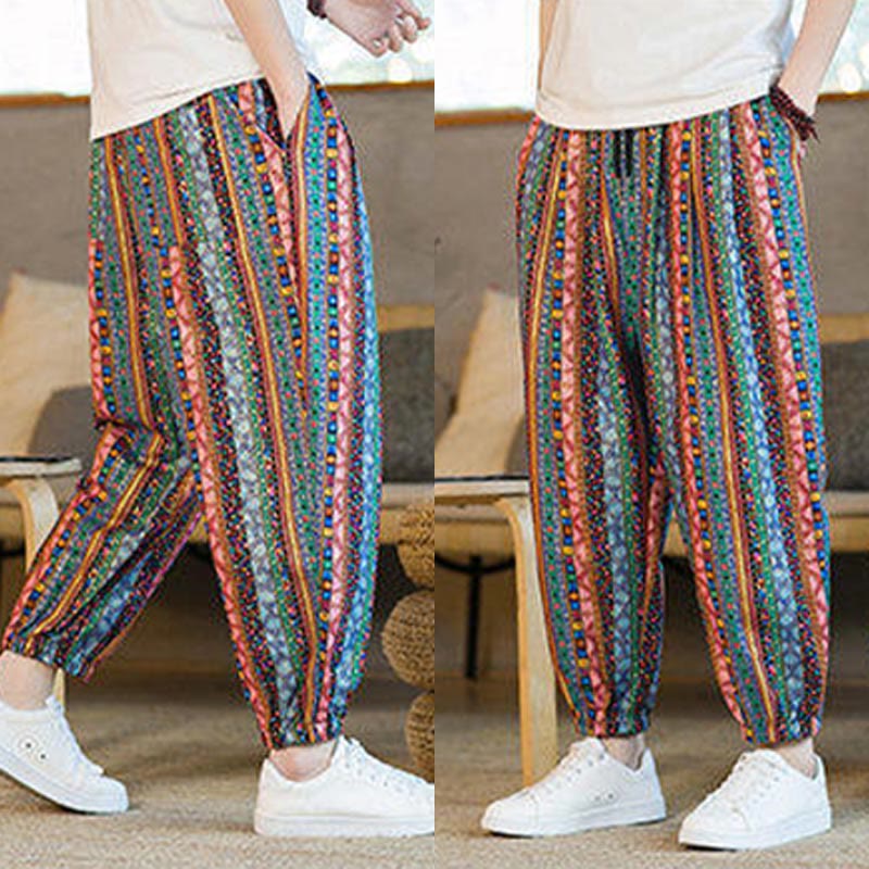Buddha Stones Colorful Stripes Cotton Linen Men's Ankle-Length Harem Pants With Pockets - image 31