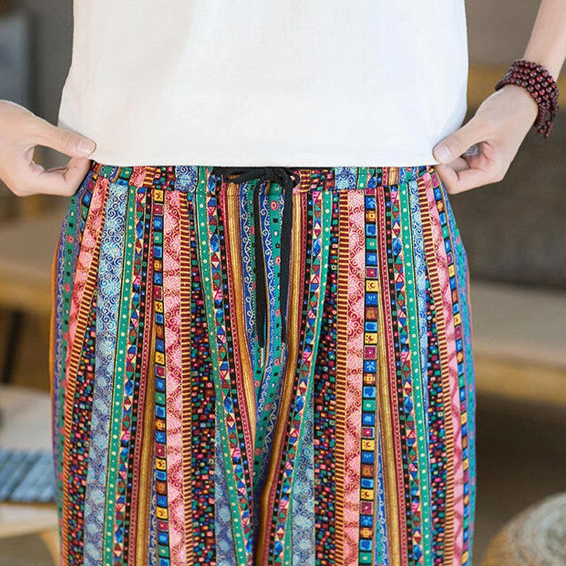 Buddha Stones Colorful Stripes Cotton Linen Men's Ankle-Length Harem Pants With Pockets - image 29