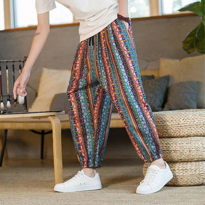 Buddha Stones Colorful Stripes Cotton Linen Men's Ankle-Length Harem Pants With Pockets - image 25