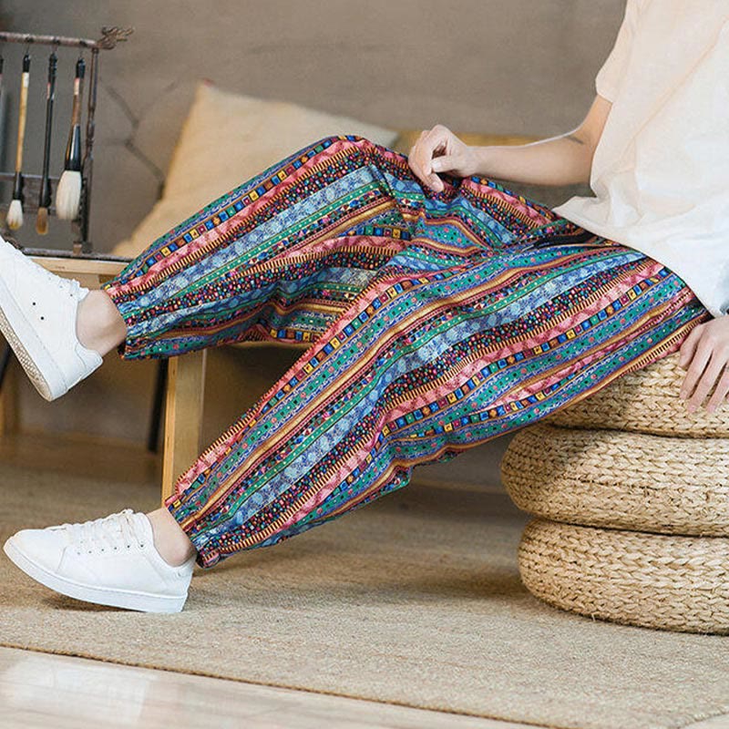 Buddha Stones Colorful Stripes Cotton Linen Men's Ankle-Length Harem Pants With Pockets - image 27